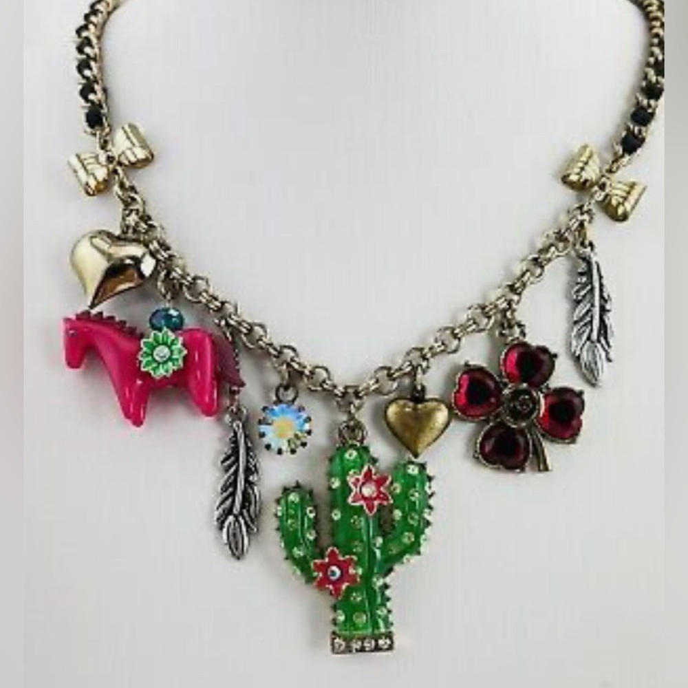 Betsey Johnson Desert Southwestern Cactus Horse Gold Tone Charm Necklace